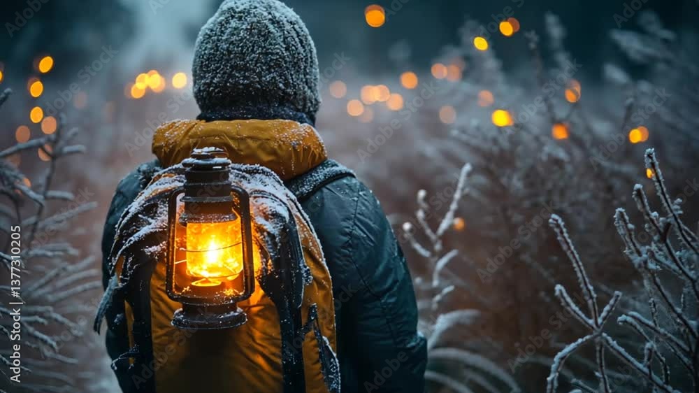 Person with Lantern in Snowy Forest at Night Person with Lantern in Snowy Forest at Night