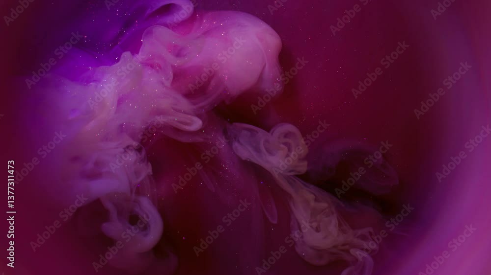 Smoke wave. Mist paint. Glisten powder purple pink white curl spray shot water explosion. Round neon color gleam abstract blur background.