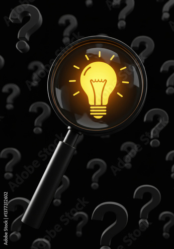 Bright Idea Concept with Magnifying Glass Focusing on Lightbulb Surrounded by Question Marks, Symbolizing Problem Solving and Creative Thinking