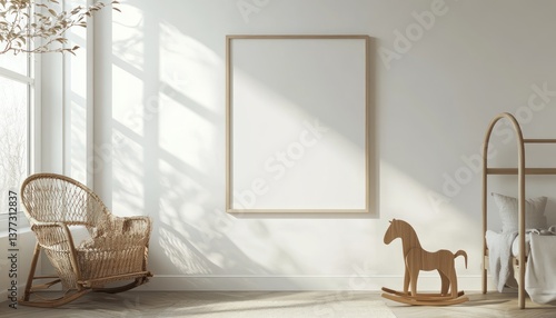 Fototapeta Naklejka Na Ścianę i Meble -  3D rendering of a mockup poster frame in a Scandinavian-style nursery room interior with a white wall