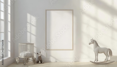 Fototapeta Naklejka Na Ścianę i Meble -  3D rendering of a mockup poster frame in a Scandinavian-style nursery room interior with a white wall