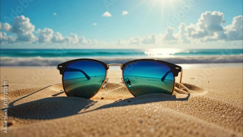 Wallpaper Mural Coastal Chill Animation: Sunglasses Reflection to Ocean Vista – Stylish Summer Scene with Gentle Waves Torontodigital.ca