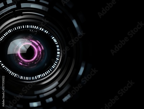An abstract image of a camera lens with a digital design, featuring circular patterns and a vibrant purple element against a dark background.