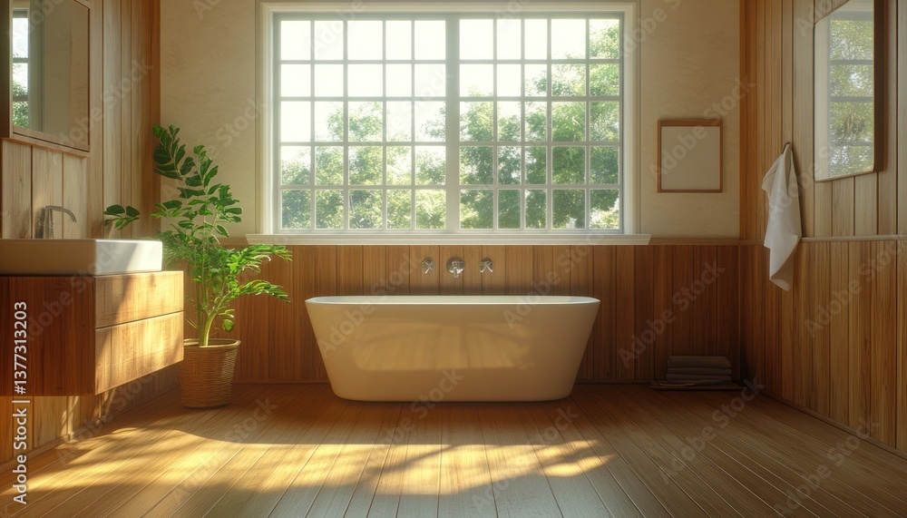 3D rendering of a modern bathroom interior design with a wooden floor and a white bathtub 3D rendering of a modern bathroom interior design with a wooden floor and a white bathtub