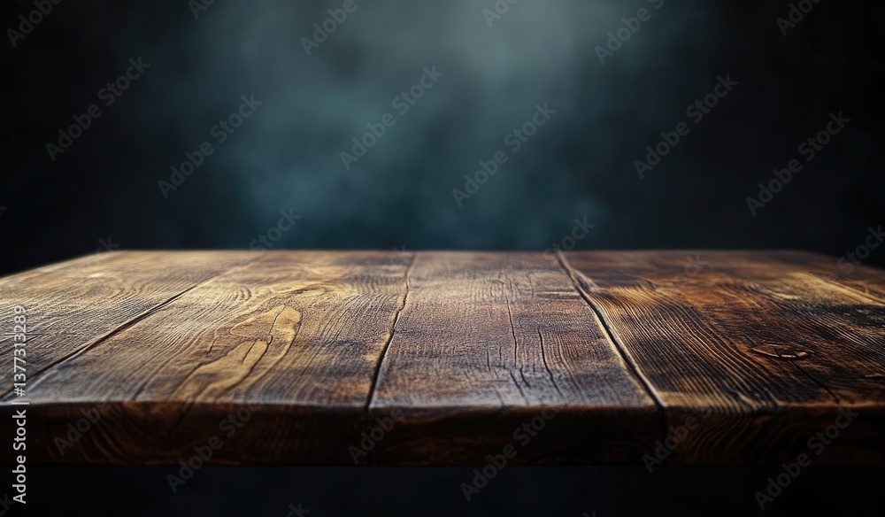 Rustic wooden table top against a dark smoky background Rustic wooden table top against a dark smoky background
