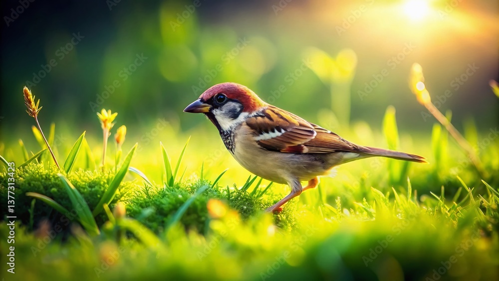 Naklejka premium Miniature Sparrow Foraging for Worms in Grass Field - Tilt-Shift Photography