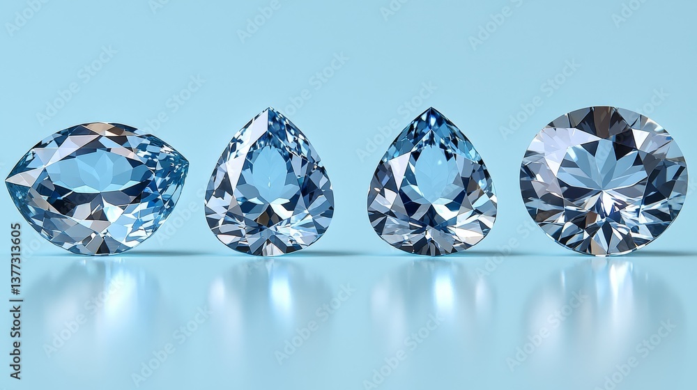 Variety of blue gemstones displayed on reflective surface Variety of blue gemstones displayed on reflective surface