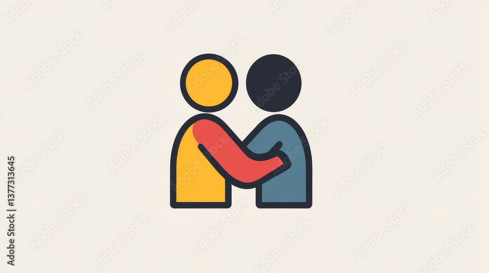 Colorful abstract illustration of two figures embracing with simple shapes and bold colors Colorful abstract illustration of two figures embracing with simple shapes and bold colors