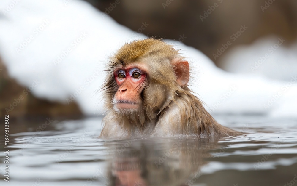 Fototapeta premium Close-up of a wet monkey sitting in a natural hot spring, snow in the background. The monkey has reddish-brown fur and appears relaxed.