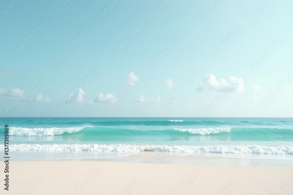 Fototapeta premium Serene Coastal Scene Tranquil Ocean Waves Gently Rolling onto a Pristine Sandy Shore Under a Calm Blue Sky with Fluffy White Clouds