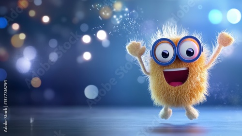 Cute and fluffy animated character with big eyes and cheerful expression jumping in a colorful sparkling background
