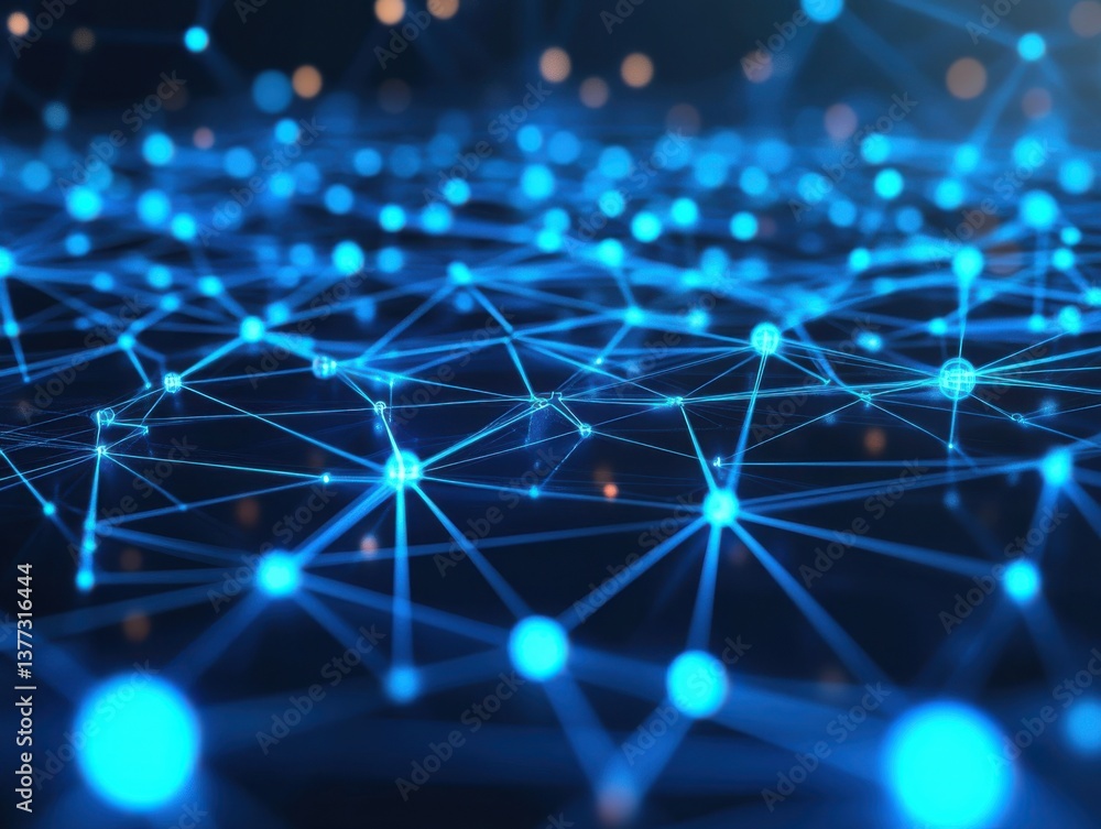 Network of interconnected nodes glowing in blue Network of interconnected nodes glowing in blue
