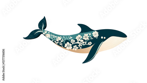 Ornate Whale with Floral Design Elegant Marine Life Illustration