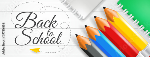 Back to School banner design with pencils , books and white paper background