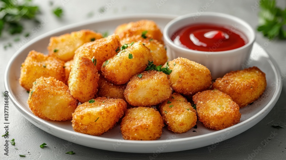 Golden Potato Bites: A tantalizing close-up of golden-brown potato bites arranged artfully on a plate, with a small bowl of vibrant red dipping sauce, inviting indulgence and culinary delight. Golden Potato Bites: A tantalizing close-up of golden-brown potato bites arranged artfully on a plate, with a small bowl of vibrant red dipping sauce, inviting indulgence and culinary delight.