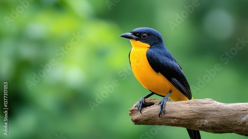 Vibrant Yellow and Black Bird Perched on a Branch in Natural Green Background with Blurred Effect