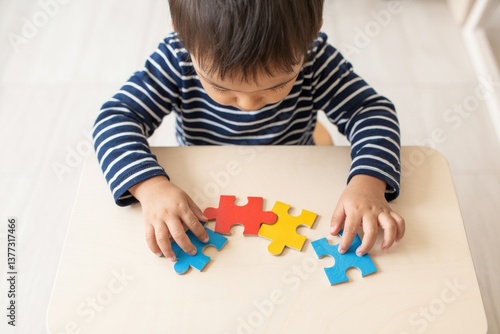 Young child with striped shirt assembles colorful puzzle pieces on a light wooden table.