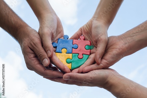 Wallpaper Mural Diverse hands unite to hold colorful puzzle pieces symbolizing teamwork and collaboration under a clear sky. Torontodigital.ca