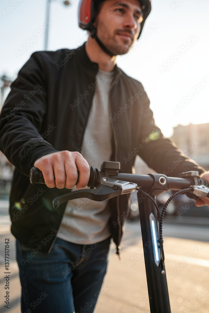 Obraz premium Man using electric push scooter