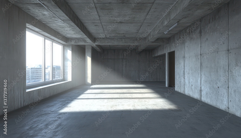 A large, empty room with gray walls, a window on the left side, and a concrete ceiling. A large, empty room with gray walls, a window on the left side, and a concrete ceiling.