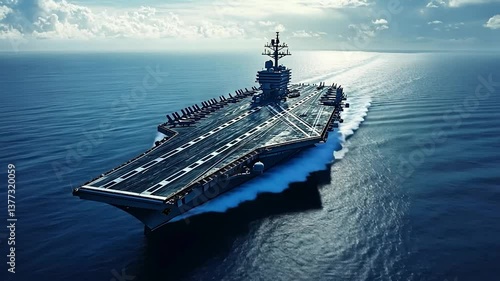 Majestic aircraft carrier sailing across vast ocean under sunny skies