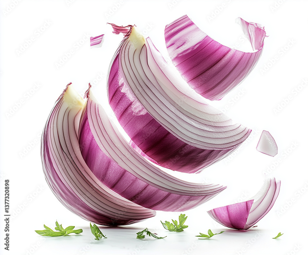onion slices, isolated, white background, floating onion slices, isolated, white background, floating