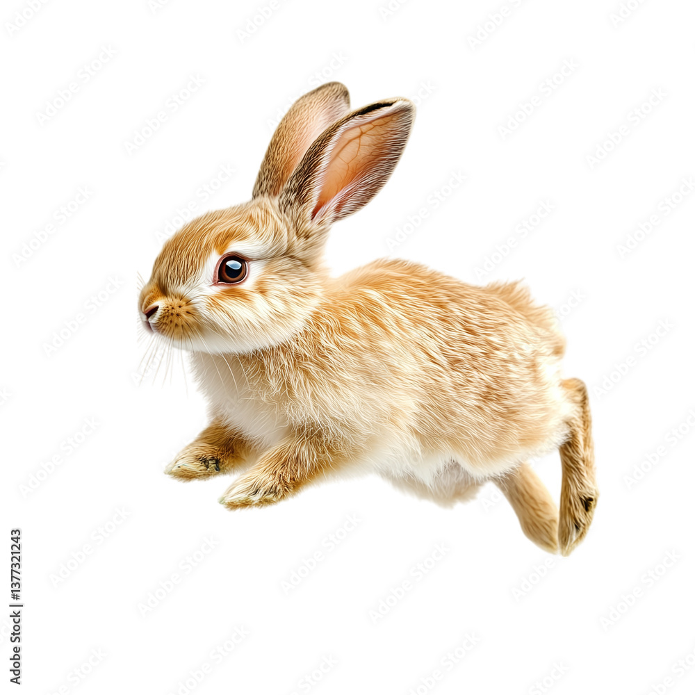 Obraz premium Minimalist leaping rabbit with a soft golden hue, isolated on white background