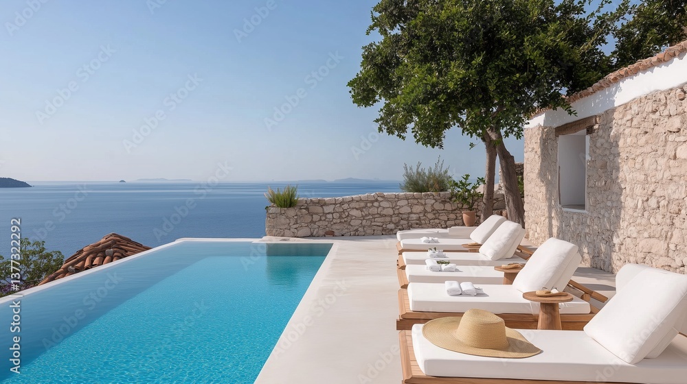 Fototapeta premium Luxurious poolside scene with sun loungers overlooking the serene ocean. A sense of calm, relaxation and high-end leisure is portrayed. The scene shows the tranquility of a peaceful escape