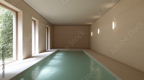 A modern indoor pool with large windows and sleek design, evoking a sense of luxury and relaxation. The water's surface is calm and reflects the soft light from the windows.