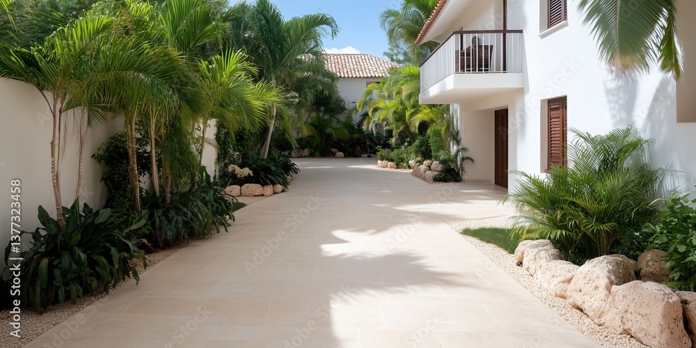 Fototapeta premium A serene view of a well-maintained house with lush green landscaping. The image captures the essence of a tropical getaway, with palm trees and clear skies