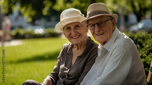 Happy senior couple enjoying sunny day on park grass, captured with professional equipment, featuring ample copy space for text placement.
