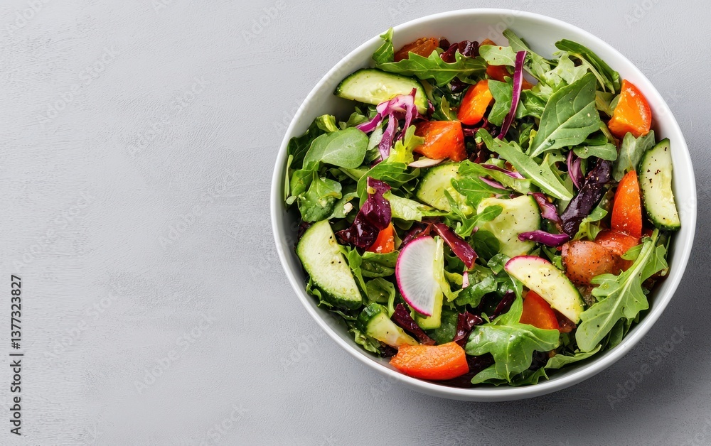Fresh green salad in a white bowl. Includes cucumbers, tomatoes, radishes and mixed greens. Gray textured background. Healthy food concept Fresh green salad in a white bowl. Includes cucumbers, tomatoes, radishes and mixed greens. Gray textured background. Healthy food concept