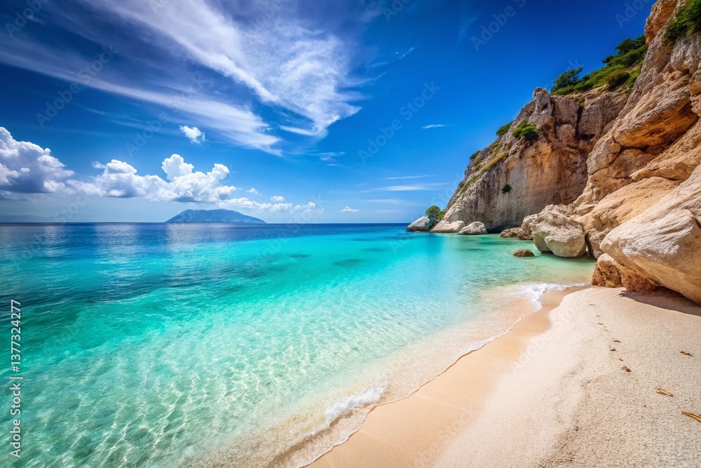 Fototapeta premium Minimalist Sardinia Coastline: Cala Mariolu's Turquoise Waters and White Sands