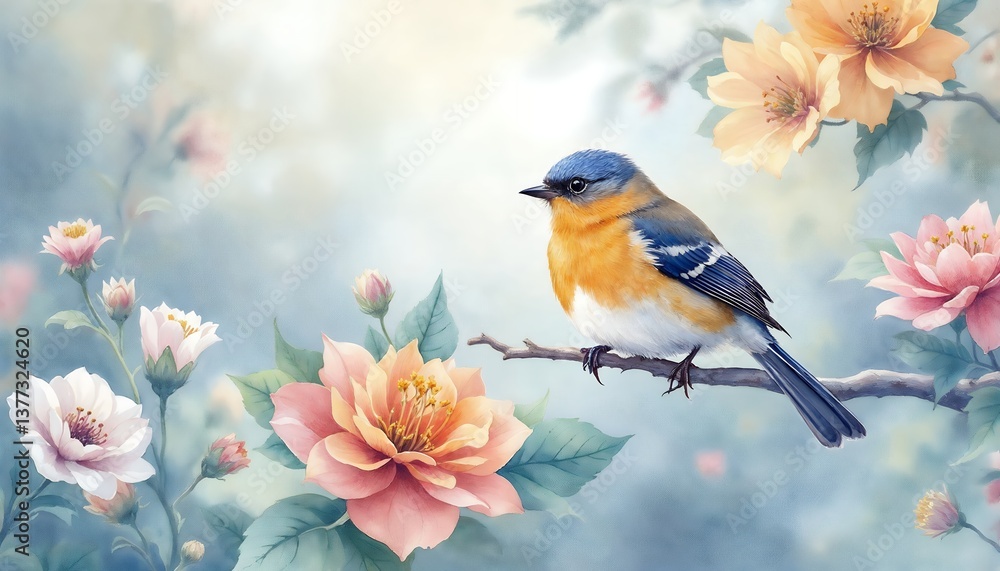 Bird Perched on Branch Among Flowers in Dreamy Watercolor Landscape Bird Perched on Branch Among Flowers in Dreamy Watercolor Landscape