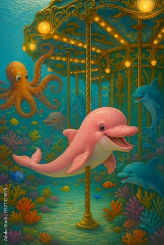 Underwater Carousel with Pink Dolphin, Octopus, and Sea Creatures in Fantasy Ocean Scene
