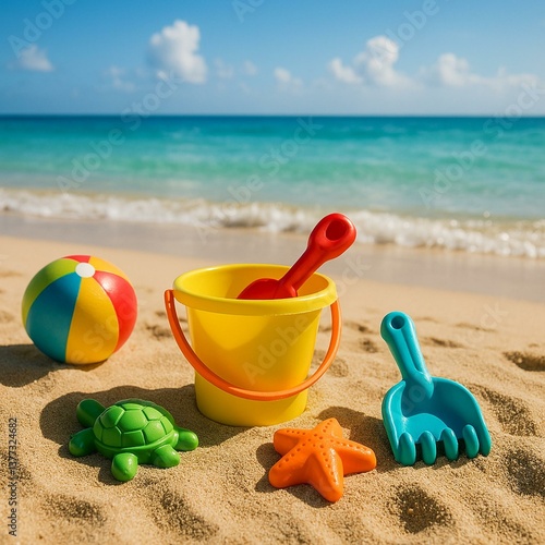 Beach Toys on Sand with Ocean in Background – Bucket, Shovel, Ball and Starfish
