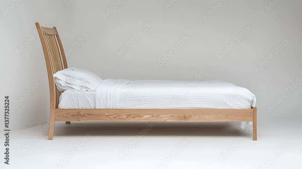 A wooden bed with a white sheet and two pillows A wooden bed with a white sheet and two pillows