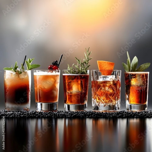 Cocktail Assortment: An enticing array of meticulously crafted cocktails, each distinctively garnished, lined up on a reflective surface, and bathed in atmospheric lighting