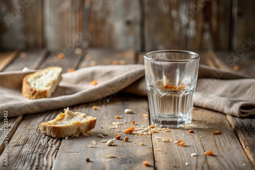 Minimalist Still Life: Empty Plate, Scratched Glass, Food Leftovers on Rustic Wooden Table
