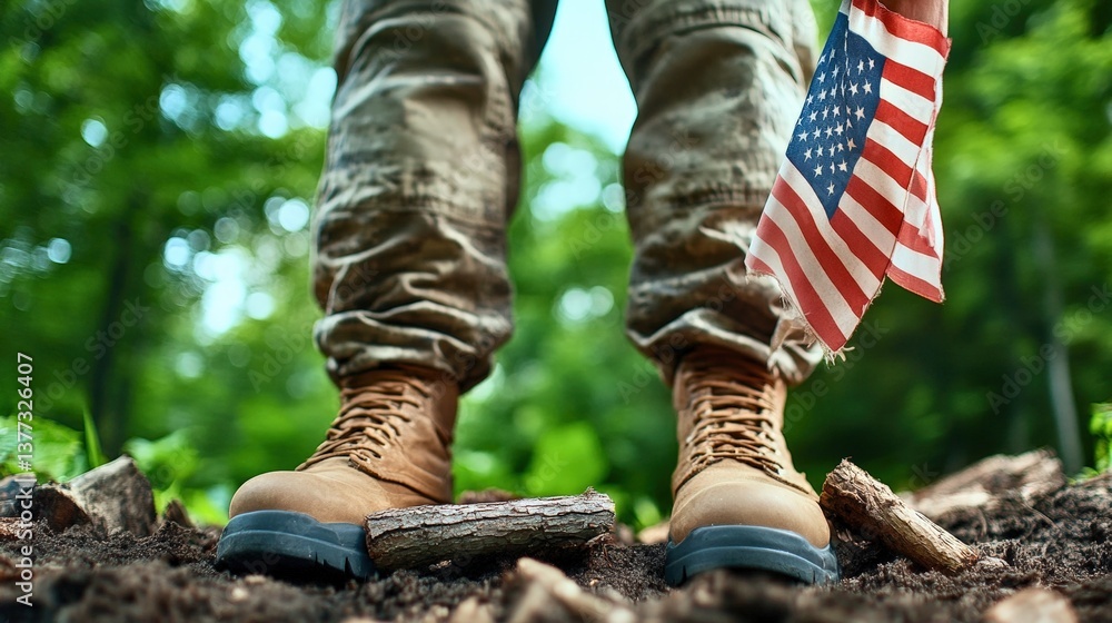 A man is standing in a forest with a flag in his hand A man is standing in a forest with a flag in his hand