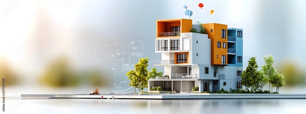 Detailed 3D rendering showcasing the exterior design and structural elements of a modern multistory apartment building in an urban cityscape