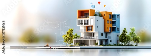 Obraz na płótnie Detailed 3D rendering showcasing the exterior design and structural elements of a modern multistory apartment building in an urban cityscape w salonie