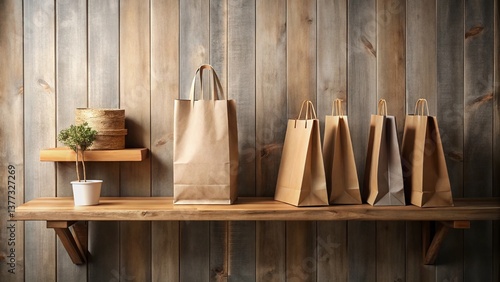 Minimalist Wooden Shelf Displaying Shopping Bags - Natural Light Interior Decor Stock Photo