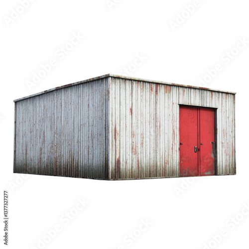 Wallpaper Mural weathered metal shed with red door, showcasing rustic charm and character Torontodigital.ca