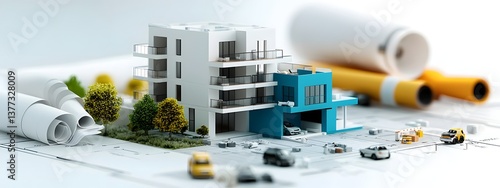 Detailed 3D schematic plans technical diagrams and cross sectional views of a modern minimalist apartment building design with clean lines and high contrast grayscale presentation