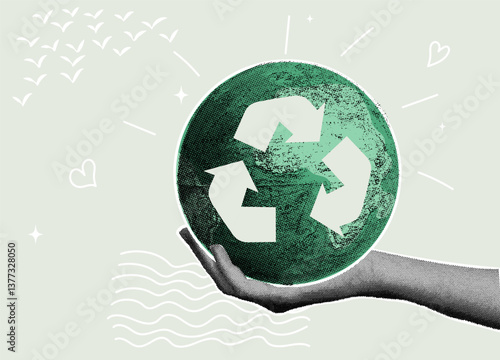Tredy halftone collage. Earth protection.Hand holding recycling symbol. Concept of environmental protection,recycling materials,circular economy,eco-friendly product.