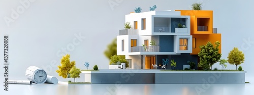 Detailed 3D schematic plans technical diagrams and cross sectional views of a modern minimalist apartment building with clean geometric patterns and high contrast grayscale rendering