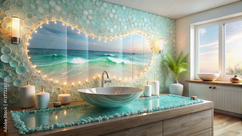 Fototapeta premium Modern Beach Bathroom Design: Wave Mural, Sea Glass Counter, Shell Sink - Stock Photo