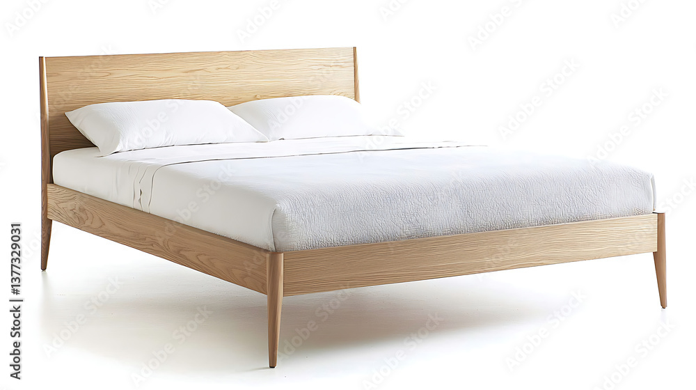 A wooden bed with a white comforter and two pillows A wooden bed with a white comforter and two pillows