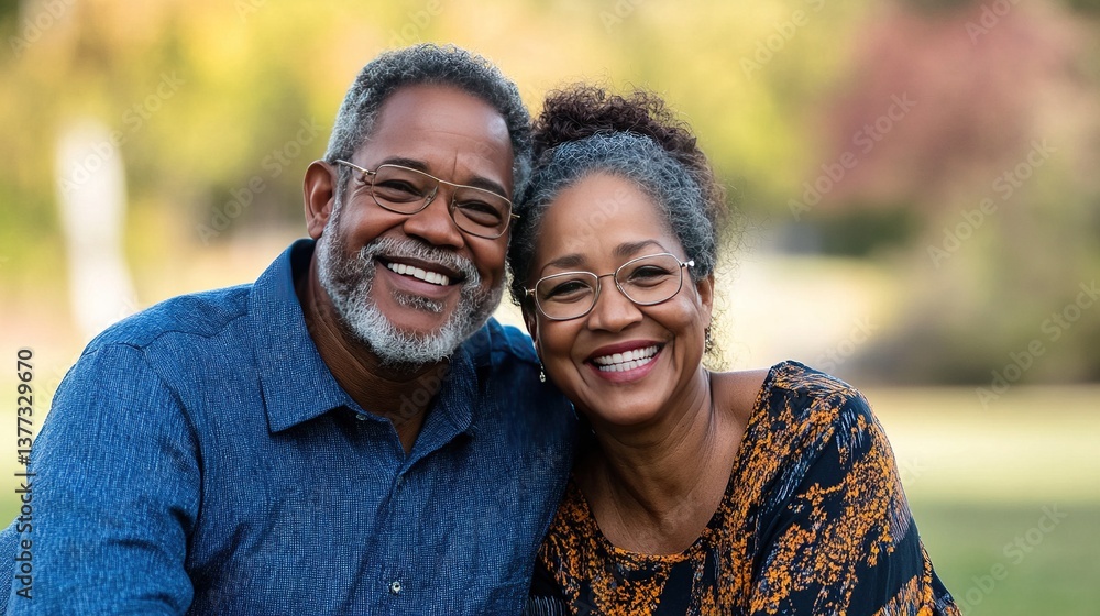 Fototapeta premium Joyful African American senior couple smiling for family portrait in sunny park, with blurred greenery creating serene atmosphere, radiating happiness together.